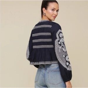 7 For All Mankind Dark Blue Blouse with White Embroidery